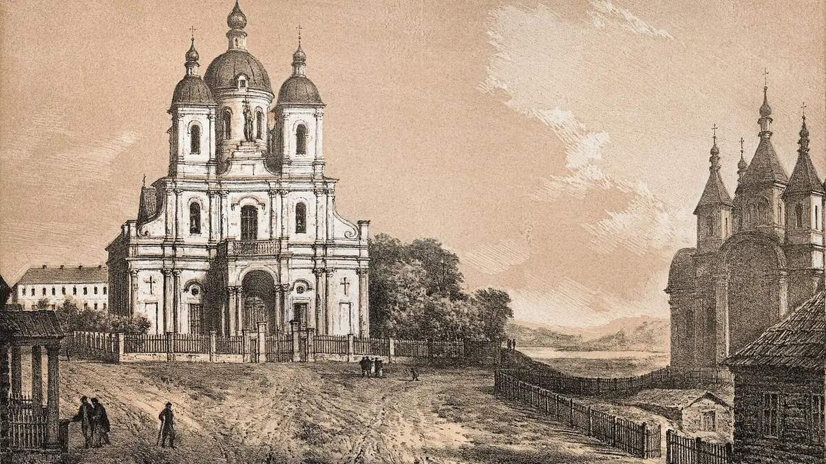 Bývalý karmelitánský kostel v Białynicze na kresbě Napoleona Ordy